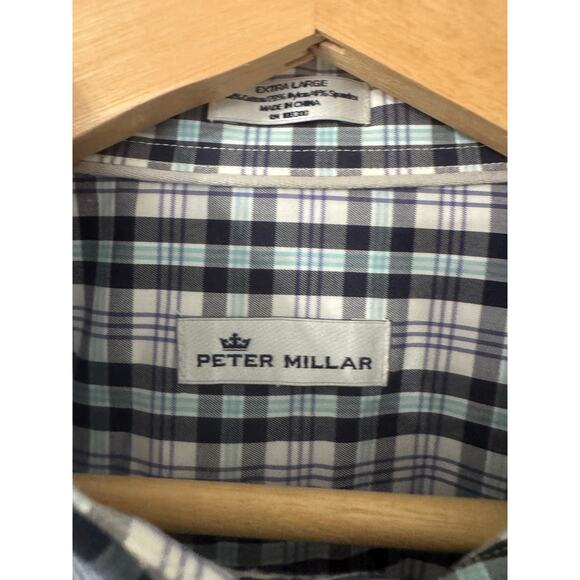 Peter Millar Blue and White Long Sleeve Button Down‎ Plaid Shirt Size XL - Picture 3 of 3